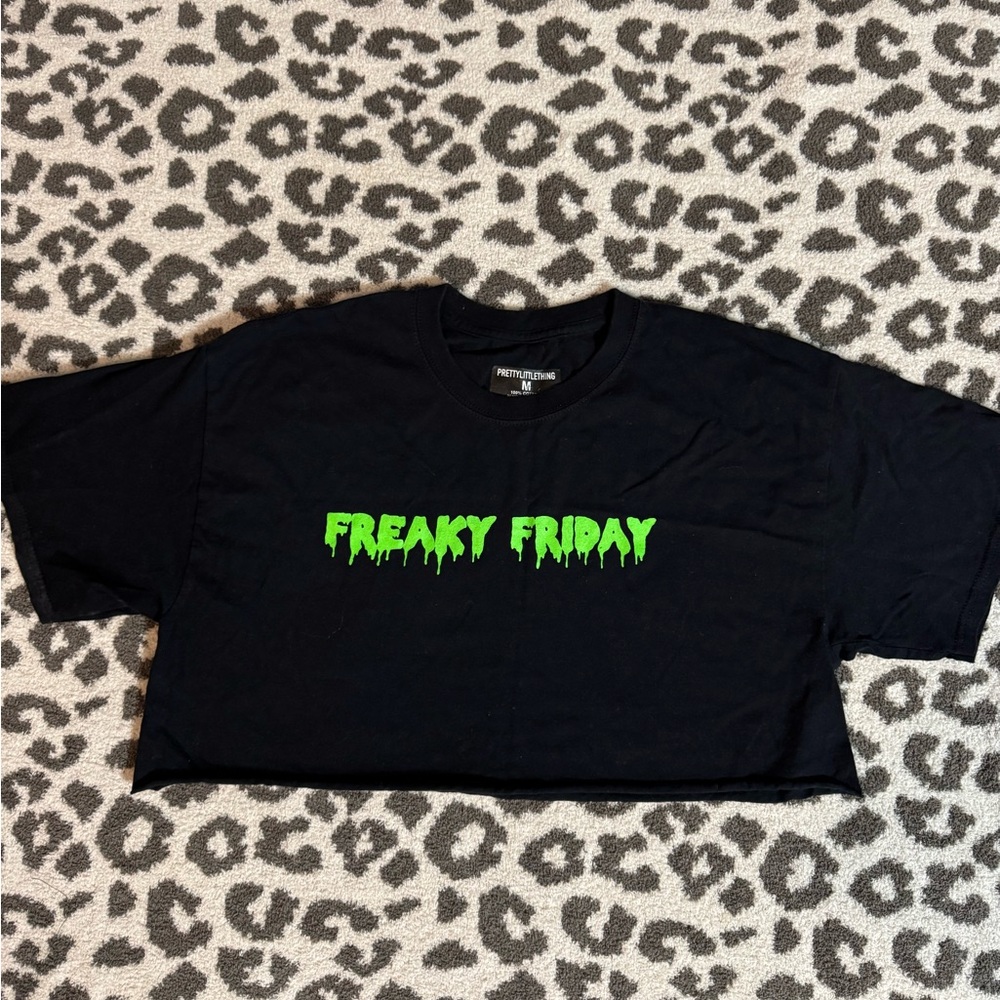 PrettyLittleThing Black Crop Top with Green Print